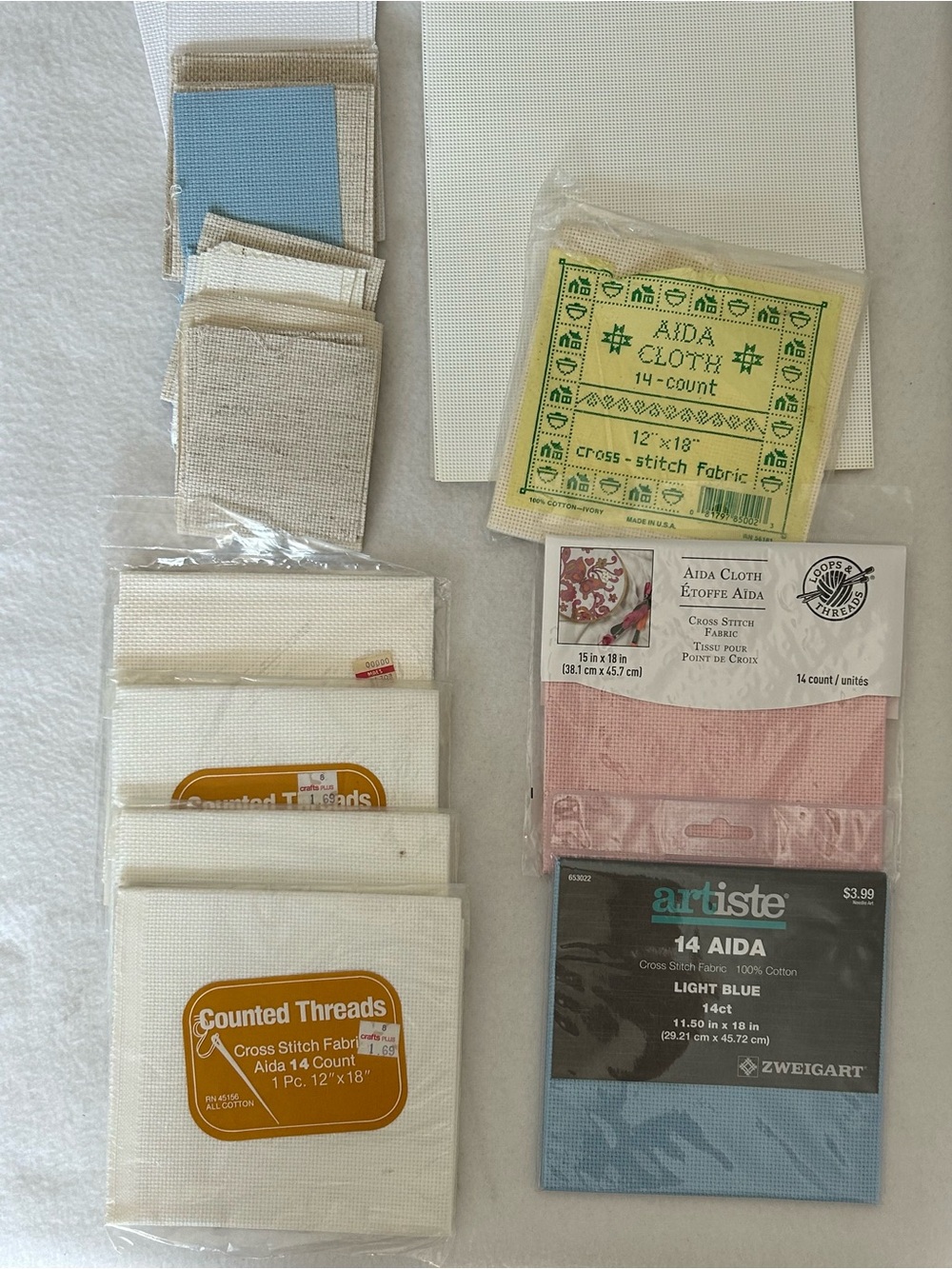 Lot of 7 Aida Cloth 14 Count Cross Stitch Blue Pink White + MORE